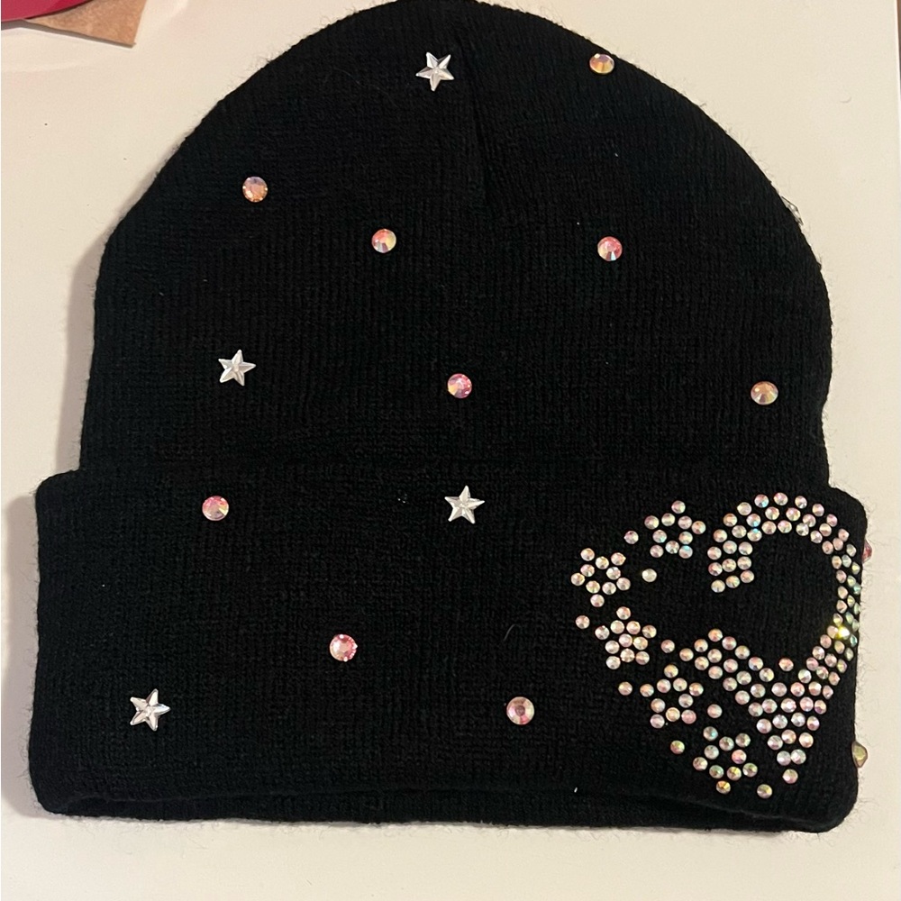 Black Rhinestone Heart Beanie Hat